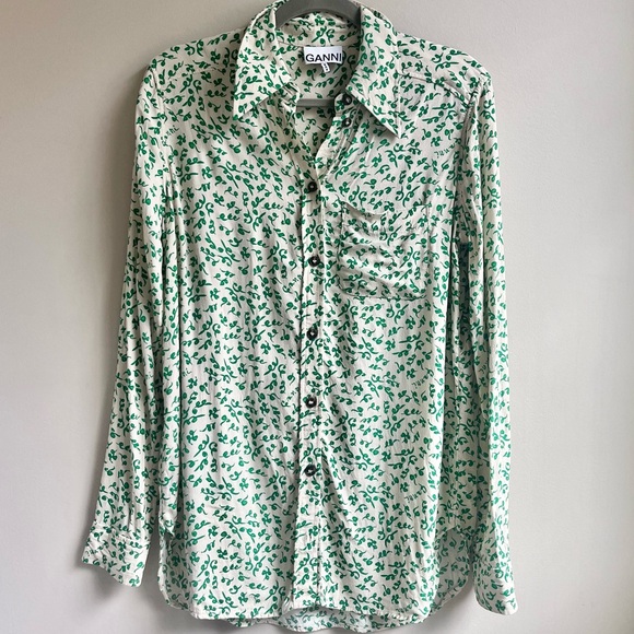 Ganni | Green White Printed Crepe Button Down Blouse Tapioca Spell Out Vine - Picture 10 of 10